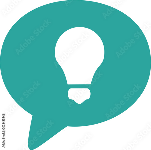 Turquoise speech bubble icon with light bulb, creative idea symbol, innovation concept, smart solution hint, brainstorming chat button isolated on white vector