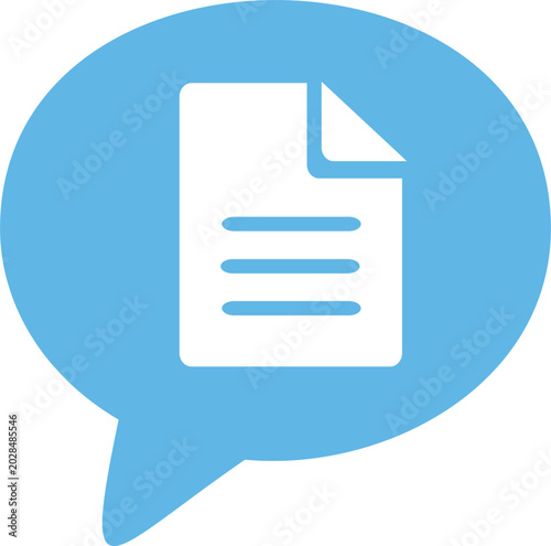 Light blue speech bubble icon with document sheet, text file symbol, attachment note, report data, contract agreement chat button isolated on white vector