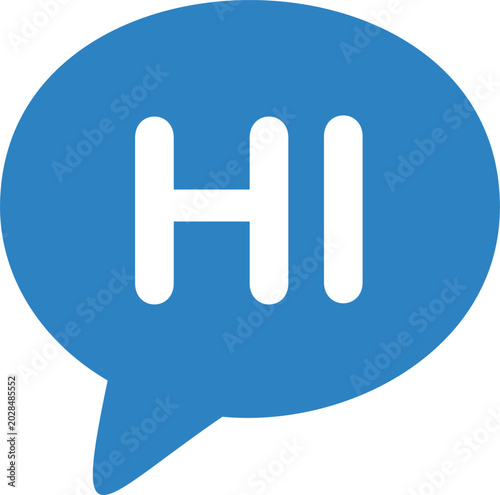 Blue speech bubble icon with HI text, friendly greeting symbol, welcome message, start conversation, onboarding chat assistance button isolated on white vector
