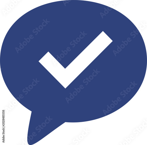 Dark blue speech bubble icon with checkmark, approved message symbol, task completed, success check, validation ok sign, web interface button isolated on white vector