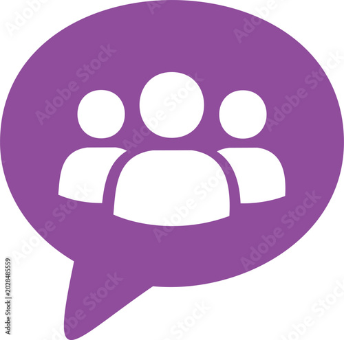 Purple speech bubble icon with group of three people, team community symbol, business corporate chat, customer support audience button isolated on white vector