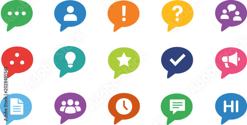 Speech bubble icon set, colorful chat dialog clouds with communication symbols for message, profile, alert, idea, star, checkmark, team, support web UI elements vector