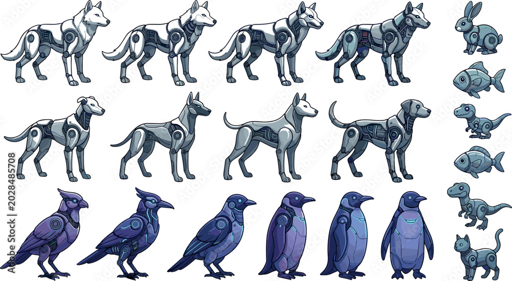 Fototapeta premium Futuristic Robotic Animal and Bird Character Set with Cybernetic Wolf, Dog, Penguin, Raven, Rabbit, and Fish Vector Illustrations
