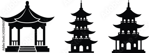Fotografía Traditional Asian pagoda and gazebo black silhouette vector collection isolated