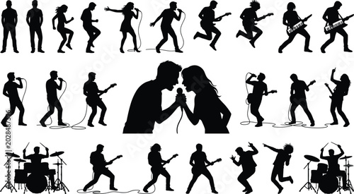 Bild auf Leinwand Energetic band performance silhouettes of musicians singing, playing guitar, dru