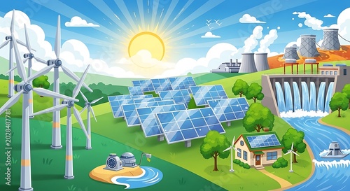 Renewable energy sources illustration featuring solar wind and hydro power