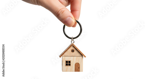 Hand holding house keychain with miniature house model