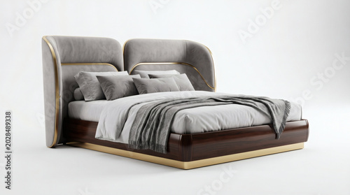 A modern bed with a gray upholstered headboard, golden accents, gray bedding, and a dark wood base.