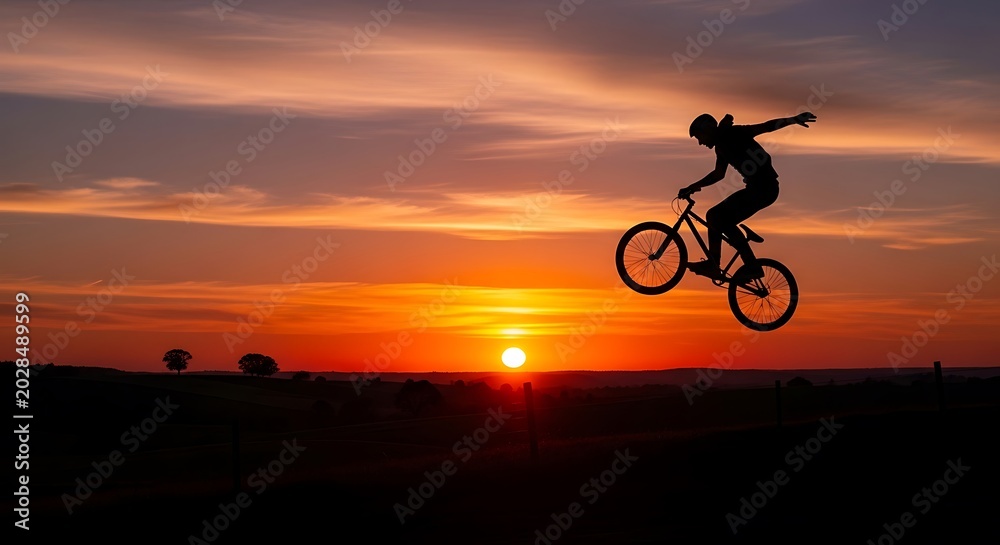 Obraz premium Silhouette of a cyclist performing stunt against a vibrant sunset sky
