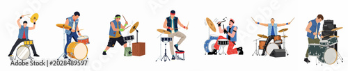Fotografie Set of seven diverse male drummer illustrations in flat vector style, performing with energy and style, isolated on a white background