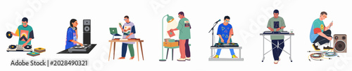 Foto Set of flat illustrations featuring DJs and music producers mixing music, browsing vinyl records, and setting up audio equipment on a white background