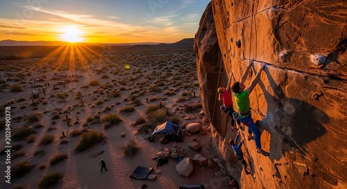 Rock climber scaling cliff face at sunset with desert landscape background