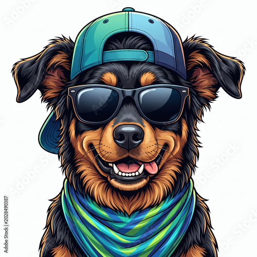 Illustration of a smiling dog wearing sunglasses, a backward blue and green cap, and a blue and green striped bandana.
