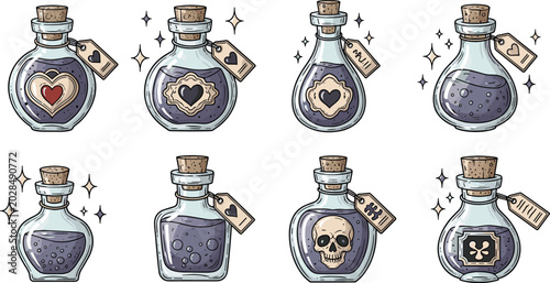 Tableau sur toile Magic potion bottles set with purple liquid, hearts, skull, cork stoppers and tags isolated on white background