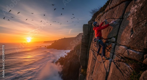 Rock climber scaling cliff face at sunset with ocean view and birds flying
