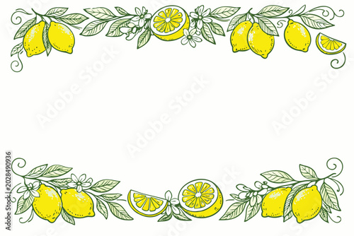 Italian Lemon Frame with Citrus Illustration, Mediterranean Doodle Green Ink Sketch Borders with Yellow Lemons, Botanical Foliage, and Blossoms for Wedding Invitations, Menus, and Summer Decor