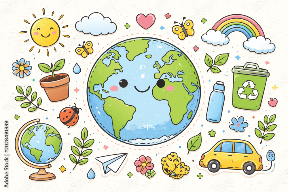 Fototapeta premium Hand Drawn Earth Planet Scrapbook Doodle Sticker Collge Featuring Cute World Glbe, Recycling, Electric Ca, Green Plants, and Sun fo Environmental Protection nd Sustainability Educatio.