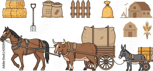 Bild auf Leinwand Farm life set with horse and ox pulling wooden carts, hay bales, bags of grain, pitchfork and barn icons on white background