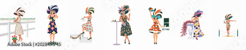 Foto Elegant women in floral dresses and extravagant feathered hats enjoying horse racing events, including betting, watching through binoculars, and celebrating a win