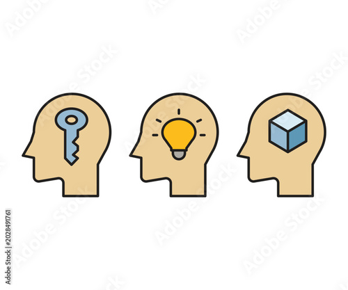 human head with key, light bulb and cube icons set vector illustration