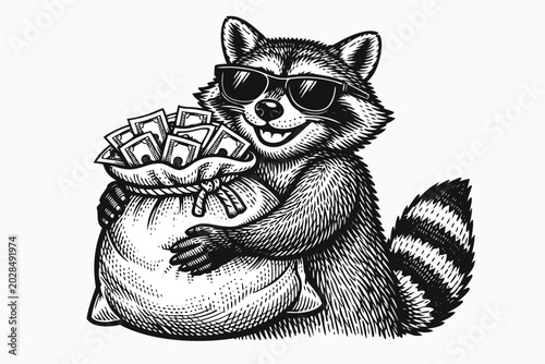 Funny Raccoon Wearing Sunglasses and Smiling While Holding a Large Money Bag Full of Cash, Vintage Engraving Style Vector Illustration of a Wealthy Bandit Animal Character Isolated on White