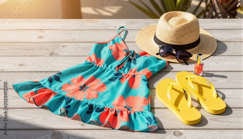 Vibrant Summer Essentials: Dress, Hat, Sunglasses, Flip-flops on Wood