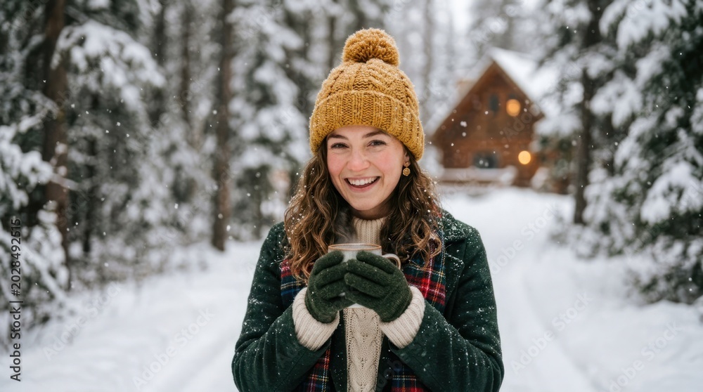 Fototapeta premium A young woman in a yellow hat and green coat standing in a snowy forest, holding a hot drink.