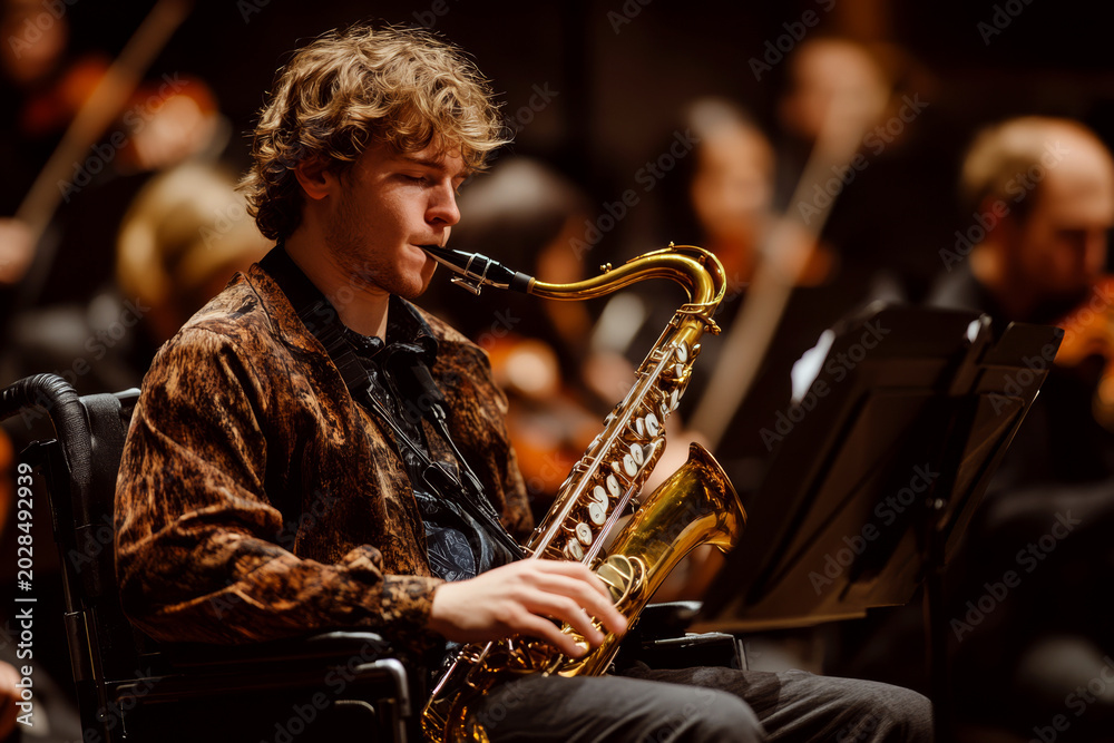 Fototapeta premium Young musician playing saxophone while seated on stage, with orchestra blurred in the background under warm lighting