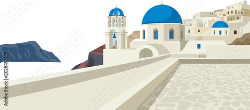 Konstfotografi Santorini Greece Landscape Vector Illustration with Traditional Blue Dome Church