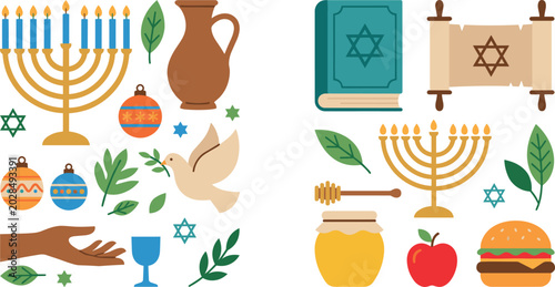Photos Jewish Hanukkah Holiday Symbols Collection with Menorah, Torah Scroll, Dove, Hon