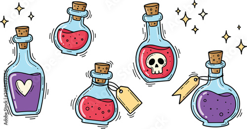 Fotografie Magic potion bottles set with red and purple liquid, heart, skull, cork stoppers and tags isolated on white background