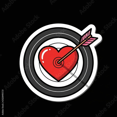 Red heart shaped target with arrow in center sticker illustration on black background