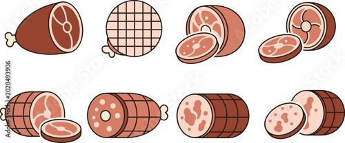 Bild auf Leinwand Meat and ham products set with smoked ham hock, sliced salami, deli meat and gammon isolated on white background
