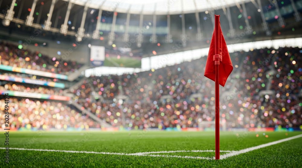 Obraz premium Red soccer corner flag in a crowded stadium with confetti