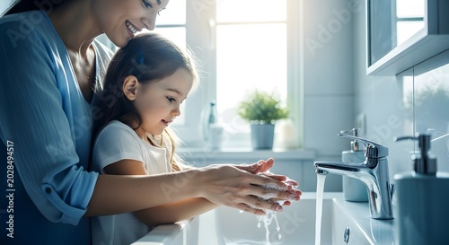 Mother and daughter washing hands at sink