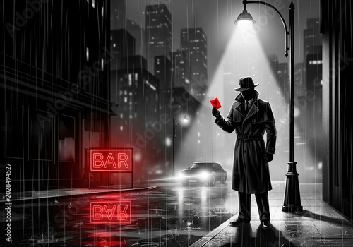 Noir detective standing under street light in rain holding red heart card near neon bar sign