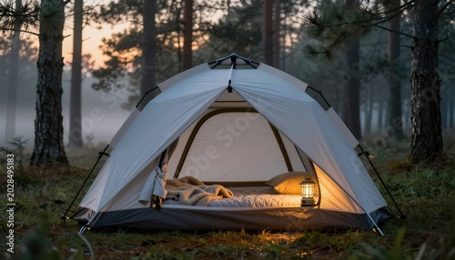 Cozy Camping Tent in Misty Forest at Sunrise with Warm Lantern Light
