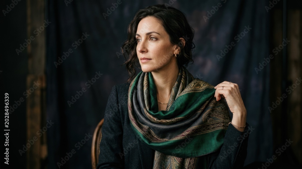 Fototapeta premium A woman wearing a green scarf with intricate patterns, sitting in a dimly lit room with dark walls and a wooden chair.