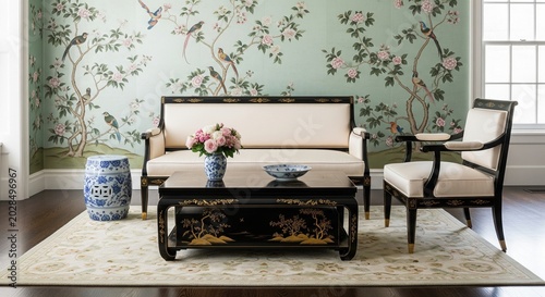 Elegant living room interior with Chinoiserie wallpaper and black lacquer asian furniture