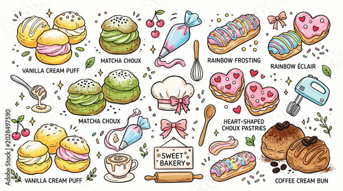 Bild auf Leinwand A delightful collection of hand-drawn pastries and baking elements, including cream puffs, eclairs, and coffee buns, perfect for a bakery or food-related theme