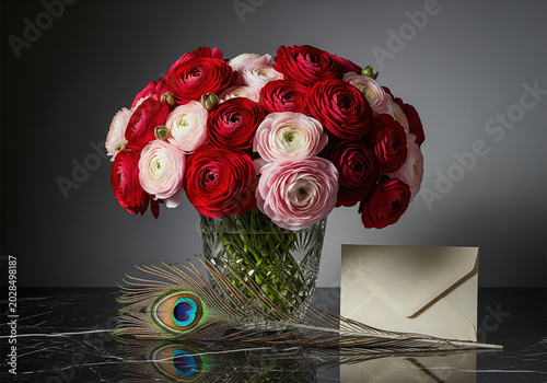 Red and pink ranunculus flowers bouquet in crystal vase with peacock feather and envelope