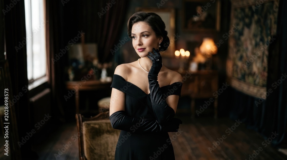 Obraz premium A woman in a black dress with long black gloves, standing in a luxurious, dimly lit room with ornate furniture and a large window.