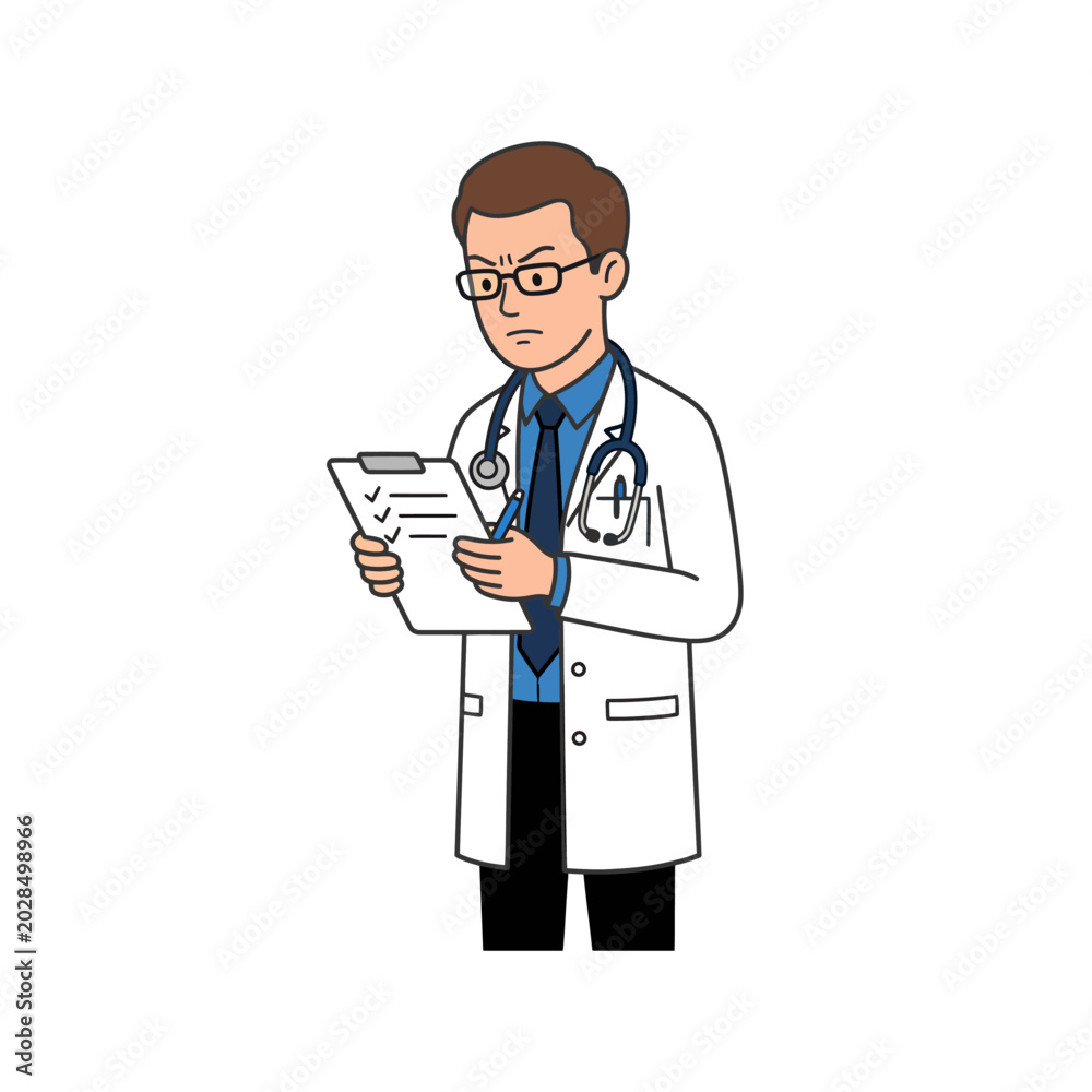 Fototapeta premium A focused male doctor wearing a white coat and stethoscope intently reviews a medical chart on a clipboard, appearing serious