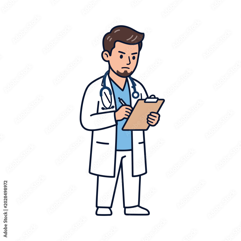 Fototapeta premium Illustration of a serious doctor wearing a white coat and stethoscope, intently writing on a clipboard, representing healthcare professionals and medical record-keeping