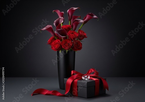 Bouquet of red roses and dark calla lilies in black vase with gift box and crystal heart