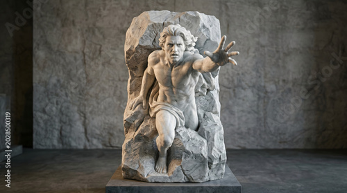 Marble sculpture depicting a man emerging from rough stone, symbolizing struggle