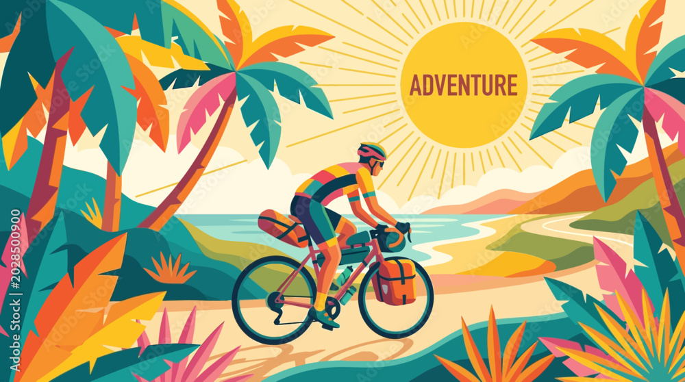 Fototapeta premium Cyclist Bikepacking on a Tropical Beach Adventure Illustration