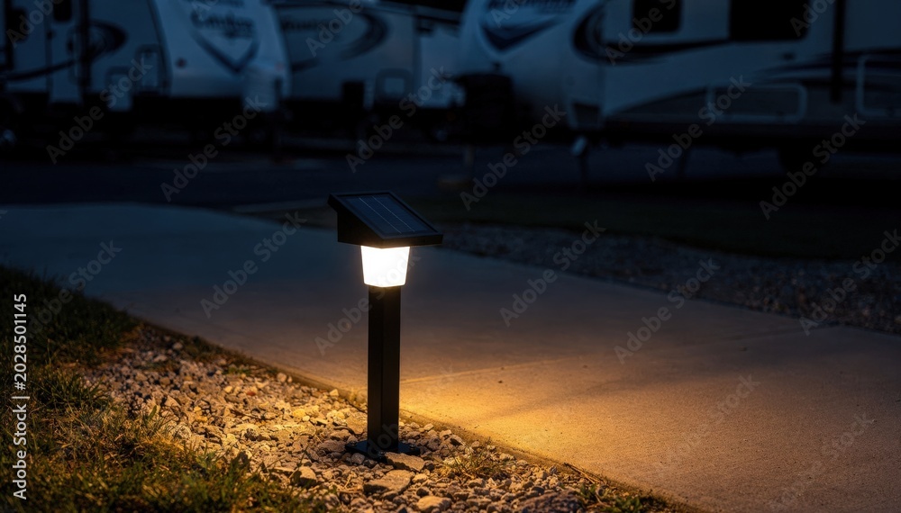 Fototapeta premium Medium shot of a solarpowered path light casting a soft glow along an RV park walkway highlighting its secure and lowglare nighttime illumination.