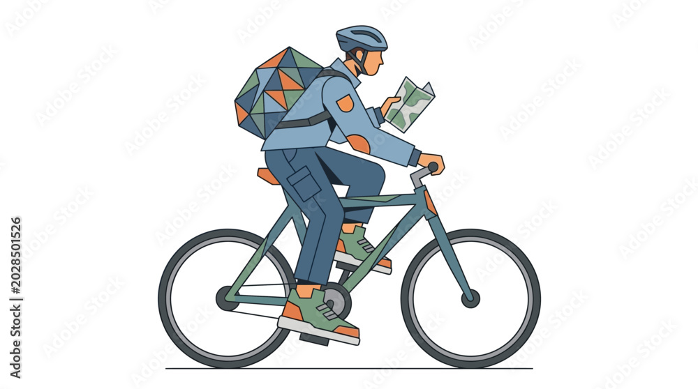 Naklejka premium Cyclist with Backpack Looking at Map Illustration