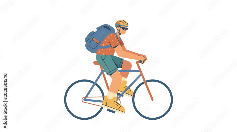 Fototapeta premium Cyclist with Backpack Riding a Bicycle Flat Vector Illustration